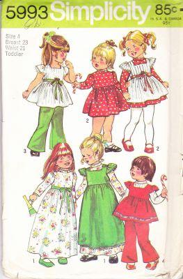 Simplicity 5993 Vintage Pattern Toddlers Dress Smock Bell Bottom Pants - VintageStitching - Vintage Sewing Patterns