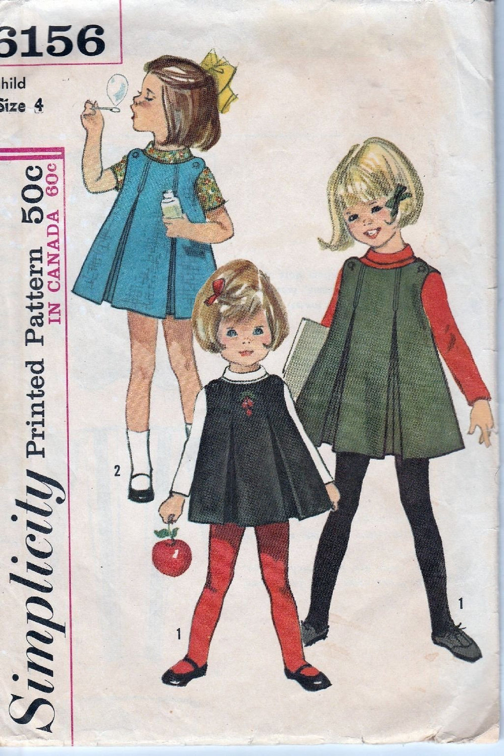 Simplicity 6156 Vintage Sewing Pattern 1960's Girls Jumper Dress Blouse Inverted Pleat - VintageStitching - Vintage Sewing Patterns