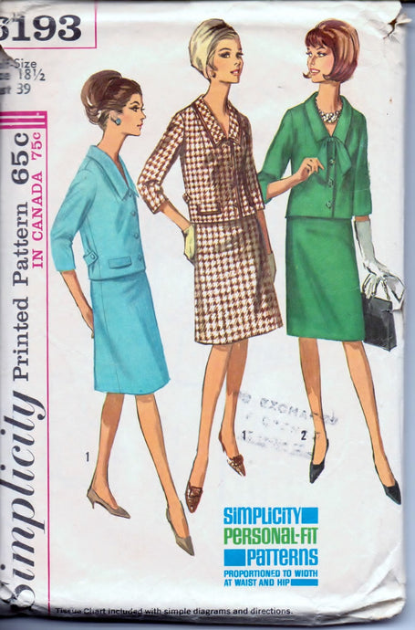 Simplicity 6193 Ladies Two Piece Suit Jacket Slim Flared Skirt Vintage 1960's Sewing Pattern - VintageStitching - Vintage Sewing Patterns