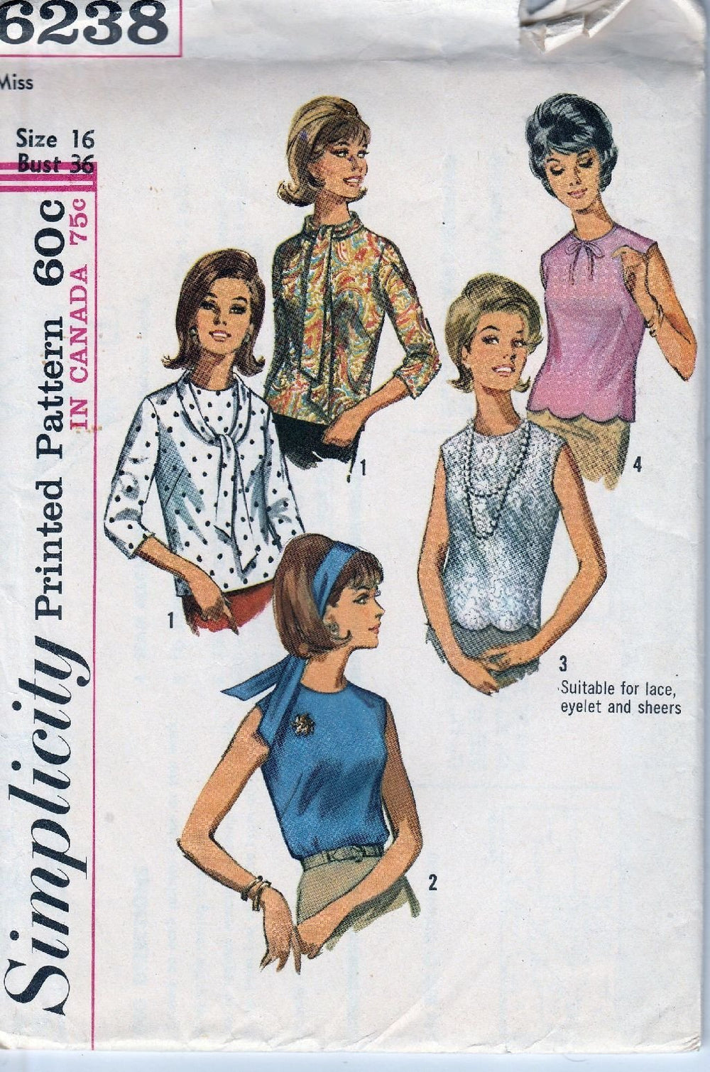 Simplicity 6238 Vintage Sewing Pattern 1960's Ladies Blouse Collarless Back Opening - VintageStitching - Vintage Sewing Patterns