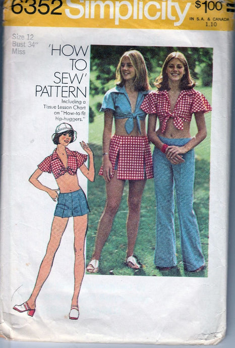 Simplicity 6352 Vintage 1970's Sewing Pattern Ladies Hip Hugger Pants Shortie Top Skirt - VintageStitching - Vintage Sewing Patterns