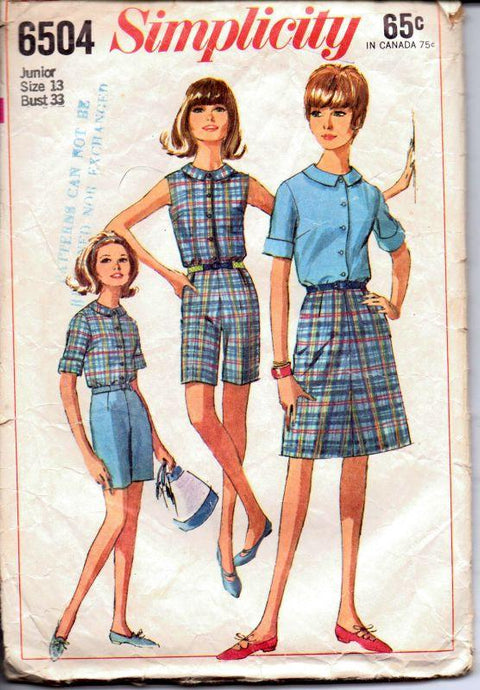 Simplicity 6504 Vintage 1960's Sewing Pattern Junior Ladies Sleeveless Blouse Skirt Bermuda Shorts - VintageStitching - Vintage Sewing Patterns