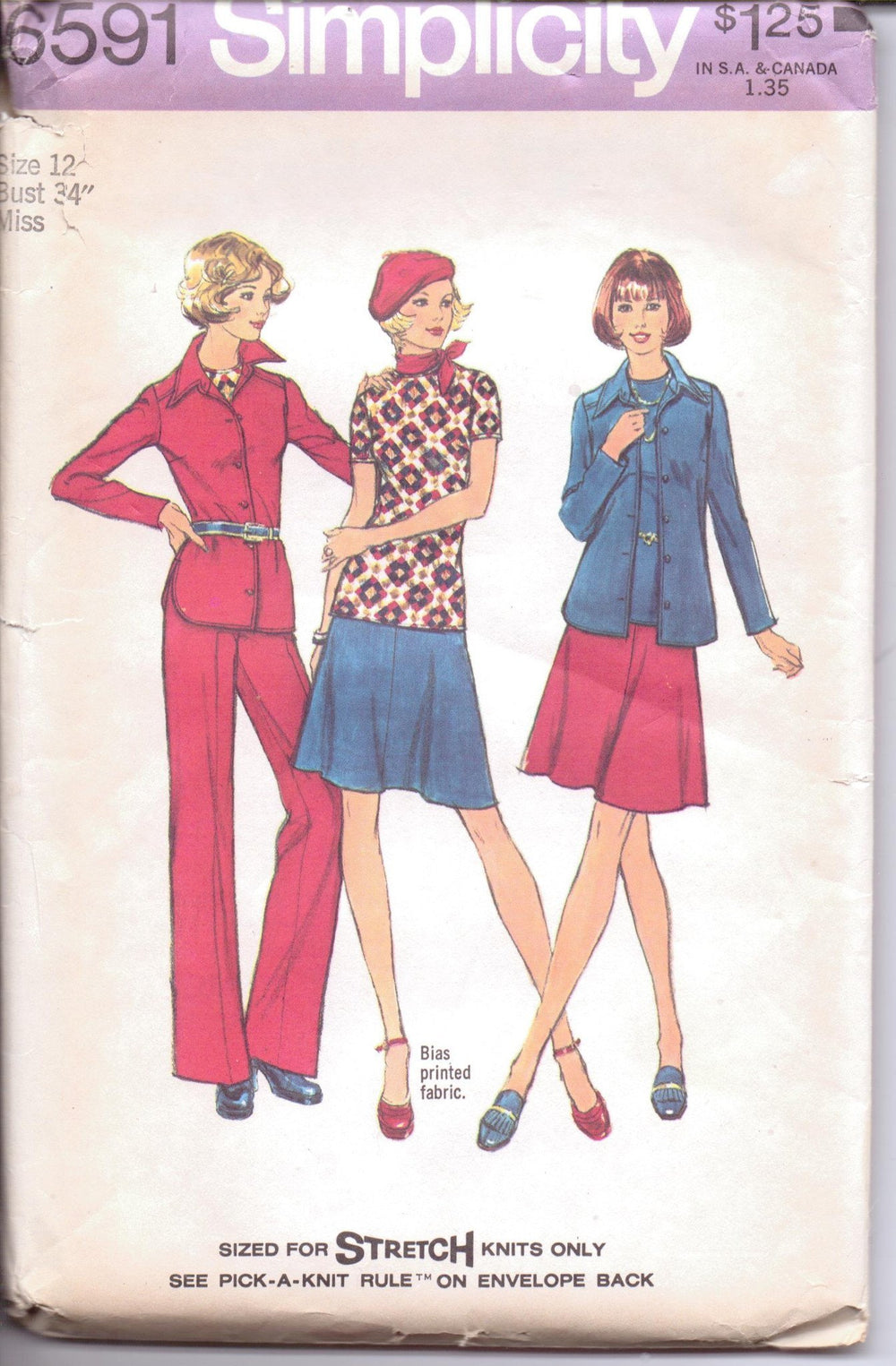 Simplicity 6591 Ladies Shirt Jacket Skirt Pants Stretch Knits Vintage 1970's Sewing Pattern - VintageStitching - Vintage Sewing Patterns
