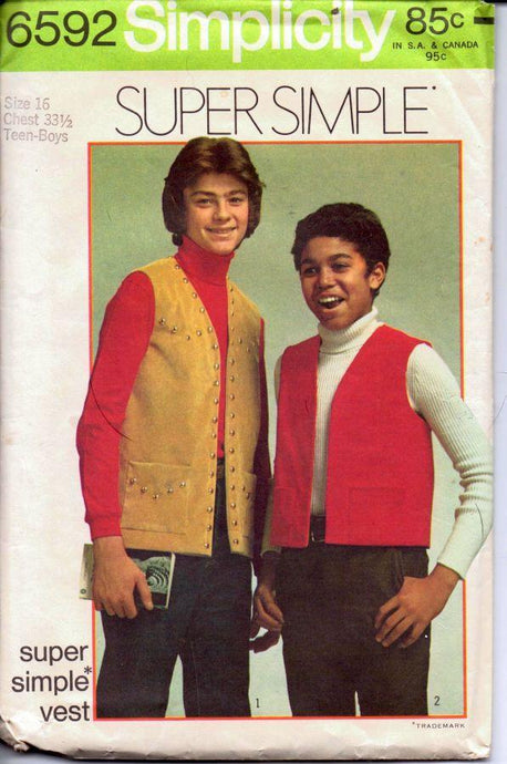 Simplicity 6592 Vintage 1970's Sewing Pattern Teen Boy Vest Super Simple - VintageStitching - Vintage Sewing Patterns