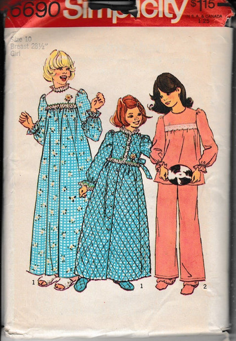 Simplicity 6690 Girls Nightgown Robe Pajamas Vintage 1970's Sewing Pattern - VintageStitching - Vintage Sewing Patterns