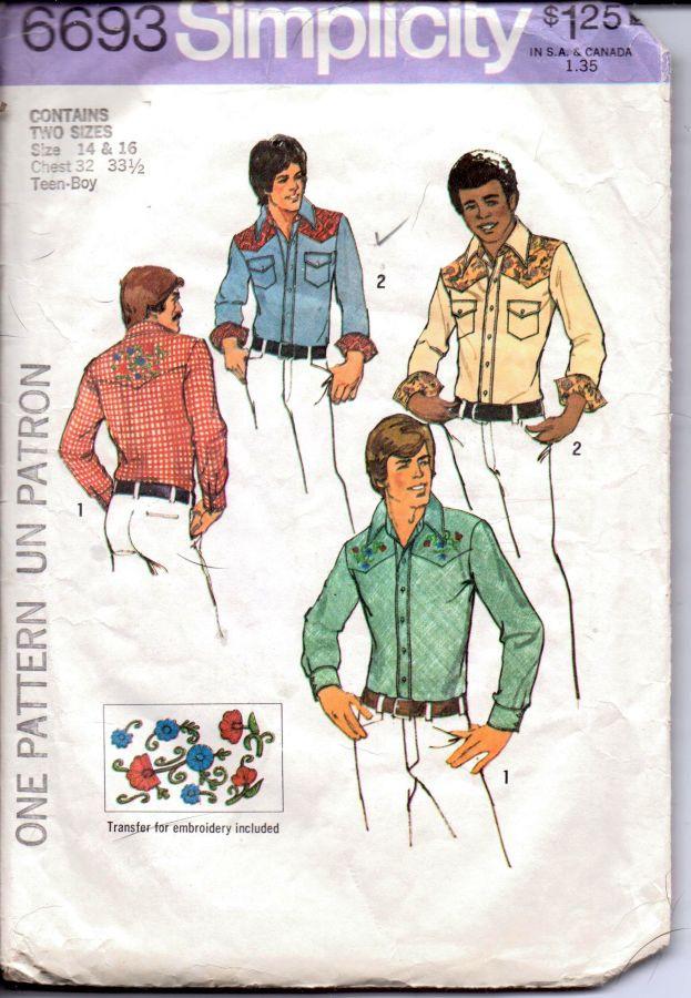 Simplicity 6693 Vintage 1970's Sewing Pattern Mens Long Sleeve Western ...