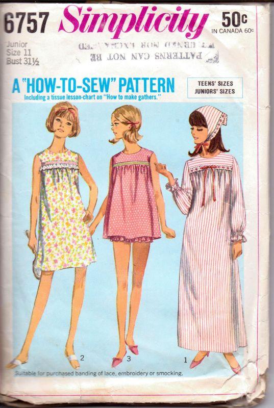 Simplicity 6757 Vintage 1960's Sewing Pattern Ladies Lingerie Baby Doll Nightgown Pajamas Long Shortie Junior - VintageStitching - Vintage Sewing Patterns