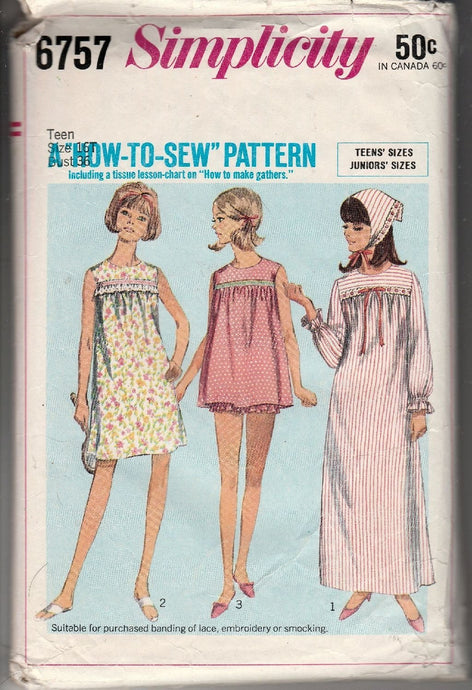 Simplicity 6757 Vintage 1960's Sewing Pattern Teen Girl Pajamas Baby Doll Nightgown - VintageStitching - Vintage Sewing Patterns