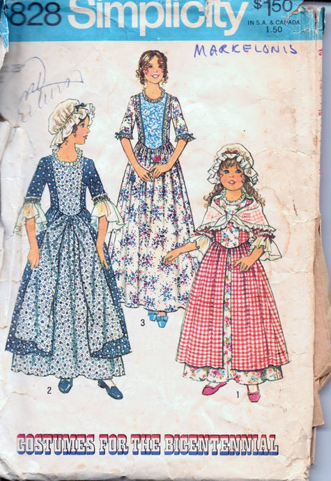 Simplicity 6828 Girls' Bicentennial Dress Bonnet Cap Shawl Costume Vintage 1970's Sewing Pattern - VintageStitching - Vintage Sewing Patterns