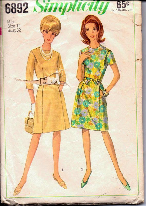 Simplicity 6892 Vintage 1960's Sewing Pattern Ladies Dress Collarless Jewel Neck - VintageStitching - Vintage Sewing Patterns