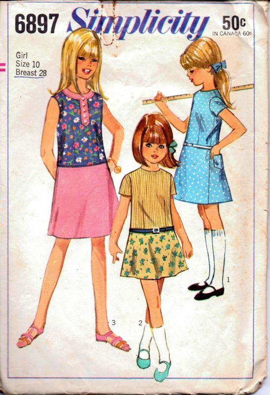 Simplicity 6897 Vintage 1960's Sewing Pattern Girls Dress A Line Sleeveless Lowered Waistline - VintageStitching - Vintage Sewing Patterns