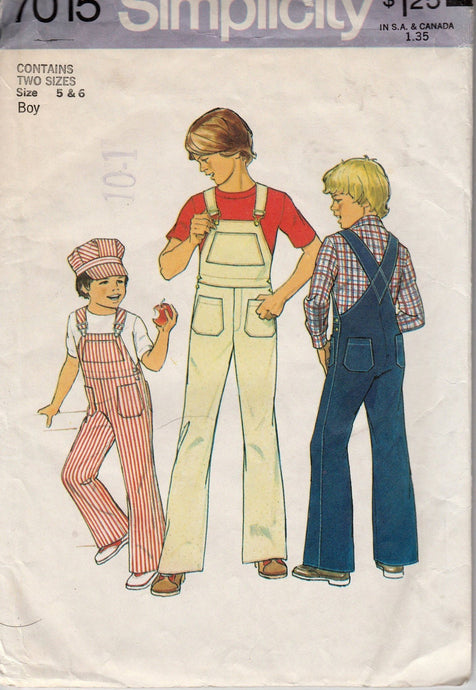Simplicity 7015 Vintage 1970's Sewing Pattern Boys Overalls Cap Suspenders - VintageStitching - Vintage Sewing Patterns