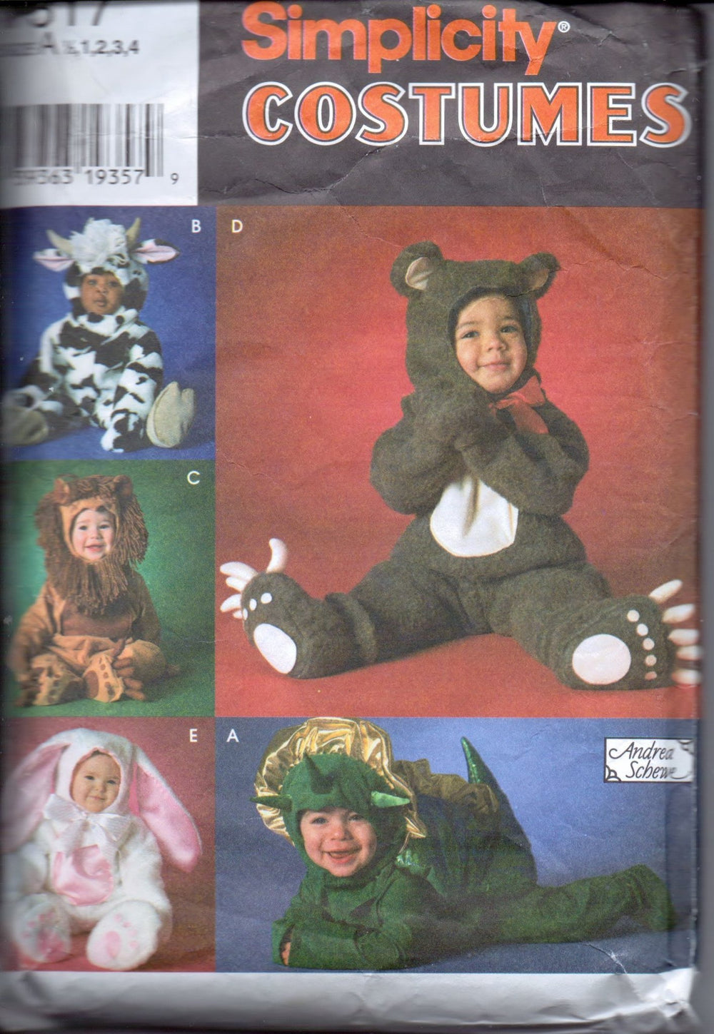 Simplicity 7317 Toddler Halloween Costume Pattern Dinosaur Lion Bunny Bear Cow Jumpsuit Hood - VintageStitching - Vintage Sewing Patterns