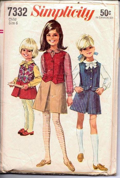 Simplicity 7332 Vintage 1960's Sewing Pattern Little Girls Long Sleeve Blouse Vest Inverted Pleat Skirt - VintageStitching - Vintage Sewing Patterns