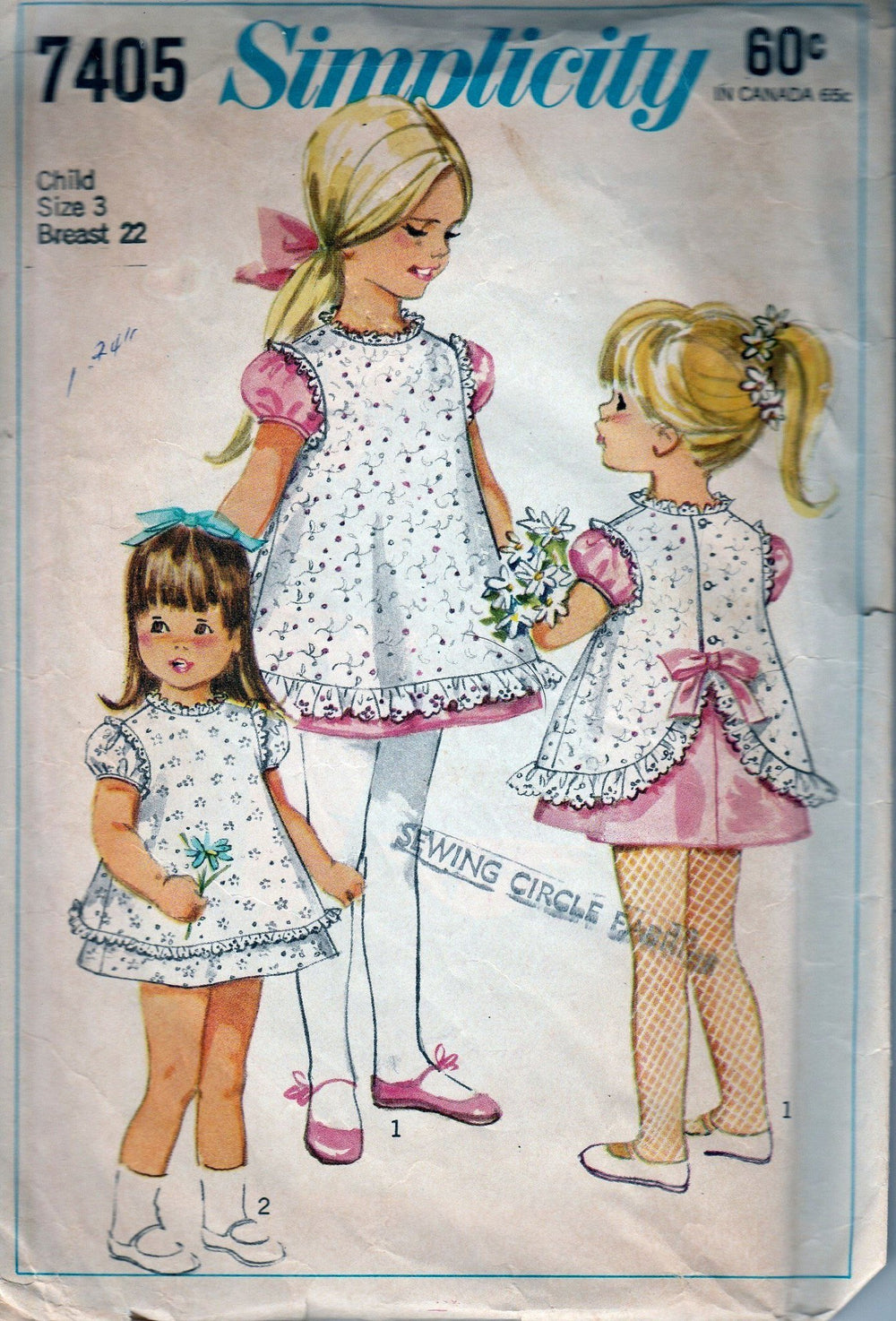 Simplicity 7405 Vintage 60's Pattern Little Girl Toddler Party Dress Ruffled Pinafore Puff Sleeves - VintageStitching - Vintage Sewing Patterns