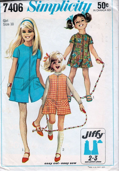 Simplicity 7406 Vintage 1960's Sewing Pattern Girls Pant Dress Jumper Jiffy - VintageStitching - Vintage Sewing Patterns