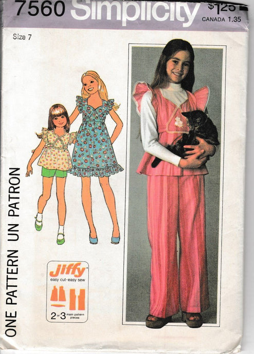 Simplicity 7560 Girls Dress Top Pants Shorts Vintage 1970's Sewing Pattern - VintageStitching - Vintage Sewing Patterns