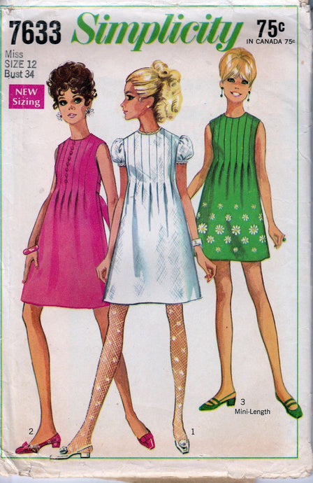 Simplicity 7633 Ladies Mini Dress Puff Sleeves Vintage Sewing Pattern 1960's - VintageStitching - Vintage Sewing Patterns