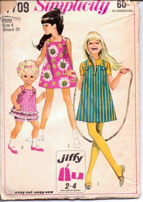 Simplicity 7709 Vintage 1960's Sewing Pattern Little Girls Pinafore Dress Bloomers Jumper Top Shorts - VintageStitching - Vintage Sewing Patterns