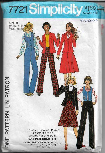 Simplicity 7721 Teen Jacket Skirt Pants Vest Vintage Sewing Pattern 1970s - VintageStitching - Vintage Sewing Patterns