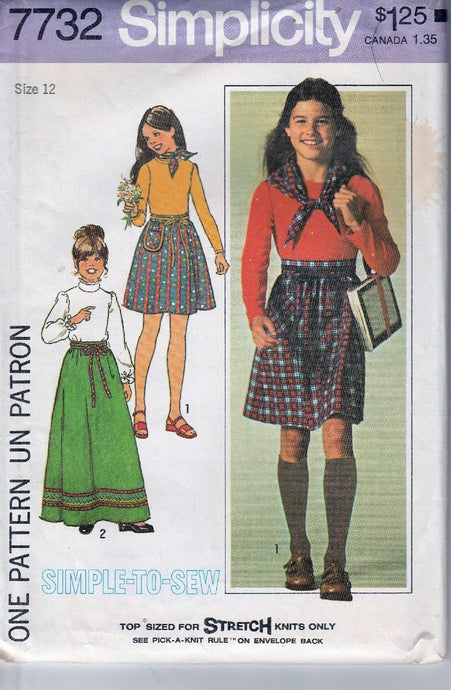 Simplicity 7732 Vintage 1970's Sewing Pattern Girls Long Above Knee Skirt Top Scarf - VintageStitching - Vintage Sewing Patterns