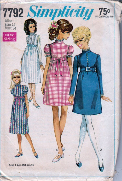 Simplicity 7792 Ladies Dress Empire Waist Mini Midi Vintage 1960's Sewing Pattern - VintageStitching - Vintage Sewing Patterns