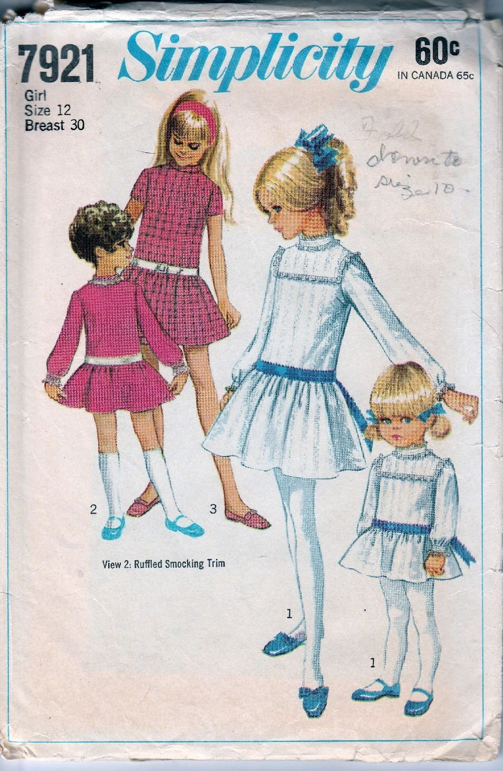 Simplicity 7921 Vintage 1960's Sewing Pattern Girls Dress Drop Waist Ribbon Belt - VintageStitching - Vintage Sewing Patterns
