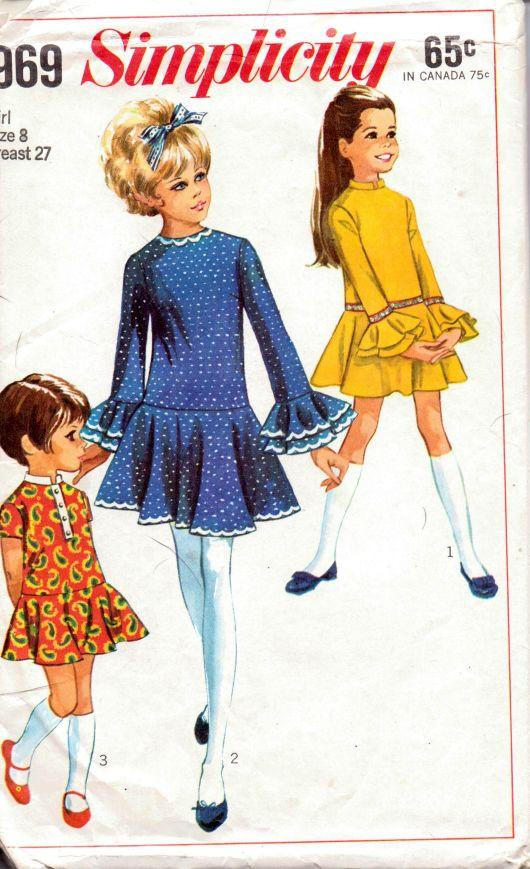 Simplicity 7969 Vintage 1960's Sewing Pattern Little Girls Dress Ruffled Cuffs Flared Skirt - VintageStitching - Vintage Sewing Patterns