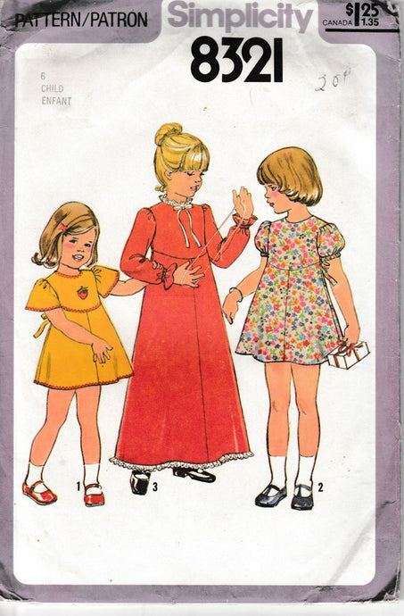 Simplicity 8321 Girls Child Dress Pattern Mini Maxi Length Vintage 1970's Sewing Pattern - VintageStitching - Vintage Sewing Patterns