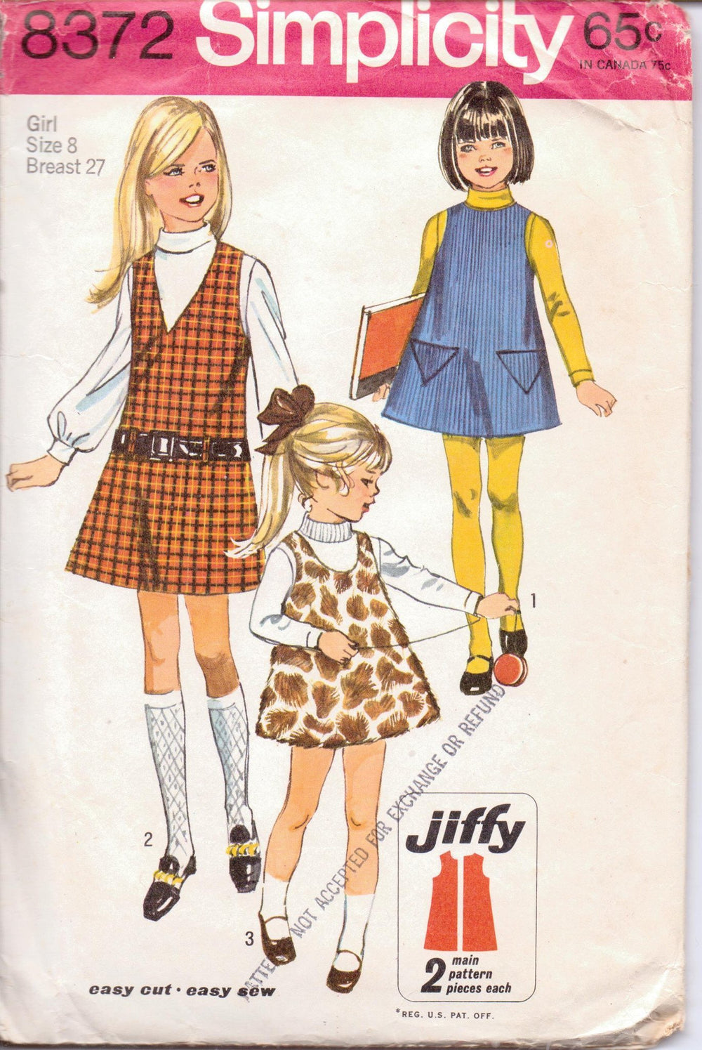 Simplicity 8372 Little Girls Jumper Dress Vintage 1960's Sewing Pattern Jiffy Size 8 Breast 27 - VintageStitching - Vintage Sewing Patterns