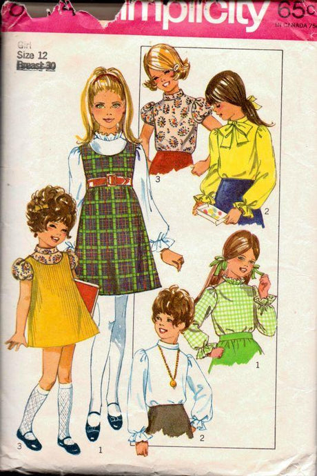 Simplicity 8374 Vintage 1960's Sewing Pattern Girls Jumper Dress Puff Sleeve Blouse - VintageStitching - Vintage Sewing Patterns