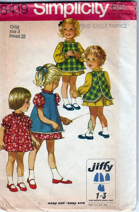 Simplicity 8419 Vintage 60's Sewing Pattern Little Girls Toddler Jewel Neck Dress Pinafore - VintageStitching - Vintage Sewing Patterns