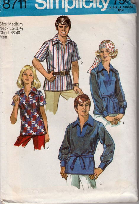 Simplicity 8711 Mens' Shirt Blouse Vintage 1970's Sewing Pattern - VintageStitching - Vintage Sewing Patterns