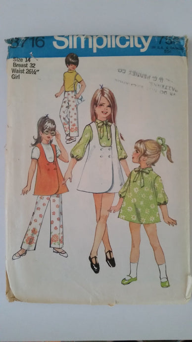 Simplicity 8716 Vintage Sewing Pattern Girls Jumper Tunic Dress Pants - VintageStitching - Vintage Sewing Patterns
