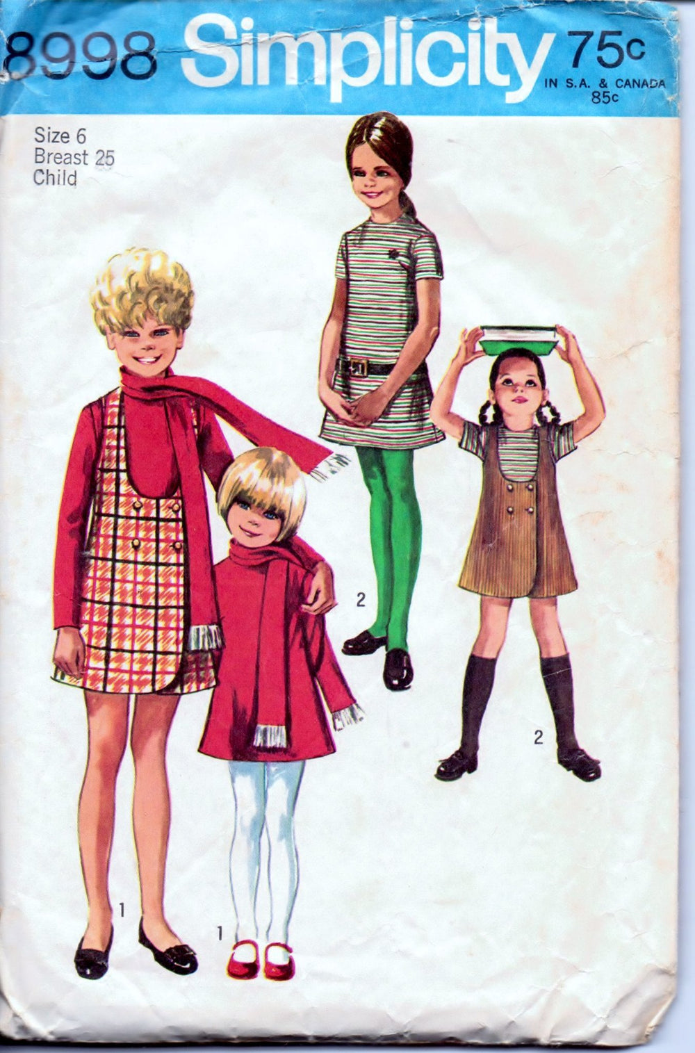 Simplicity 8998 Little Girls' Jumper Dress Scarf Vintage 1970's Sewing Pattern - VintageStitching - Vintage Sewing Patterns
