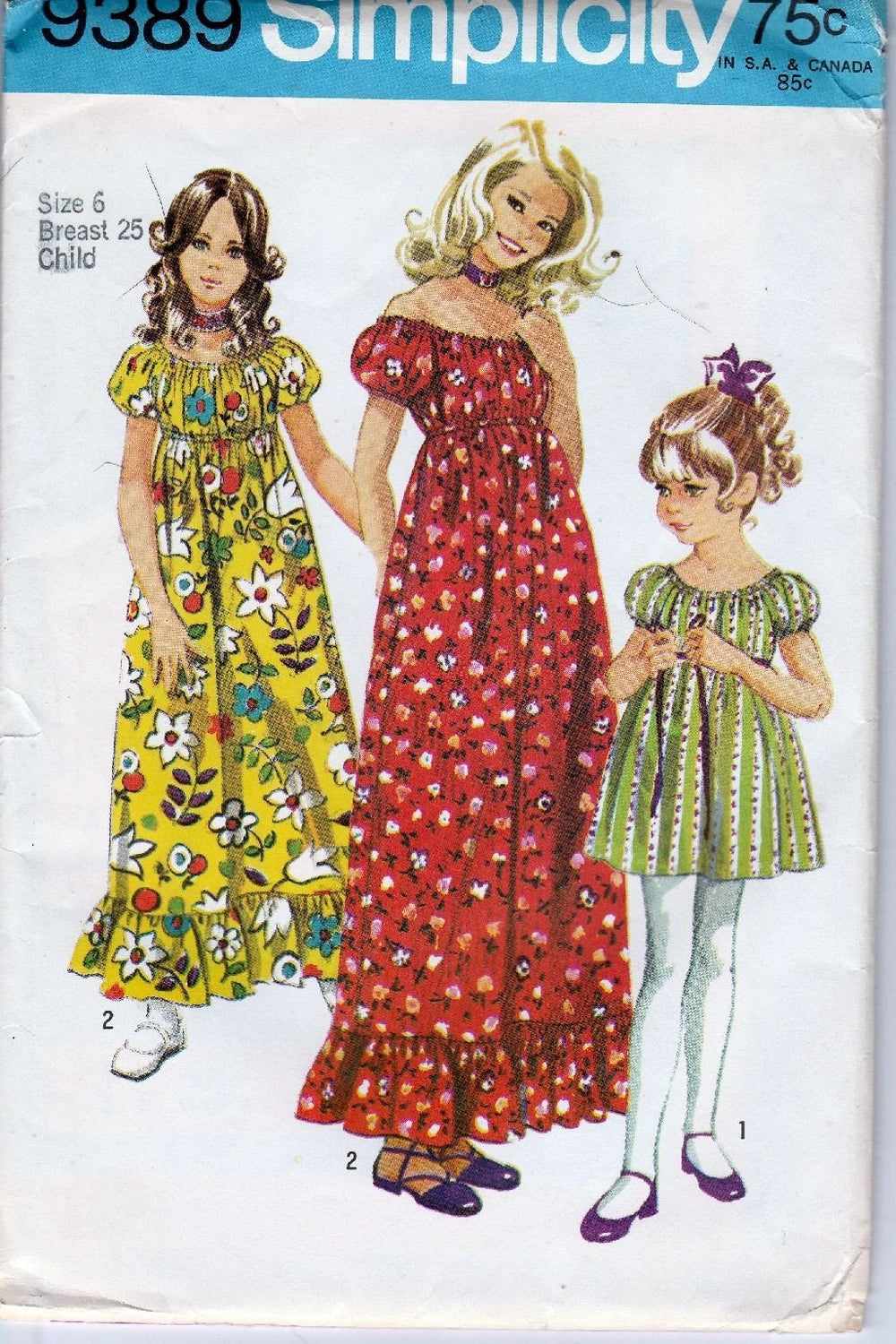 Simplicity 9389 Vintage 1970's Sewing Pattern Girls Dress Above Knee Gown - VintageStitching - Vintage Sewing Patterns