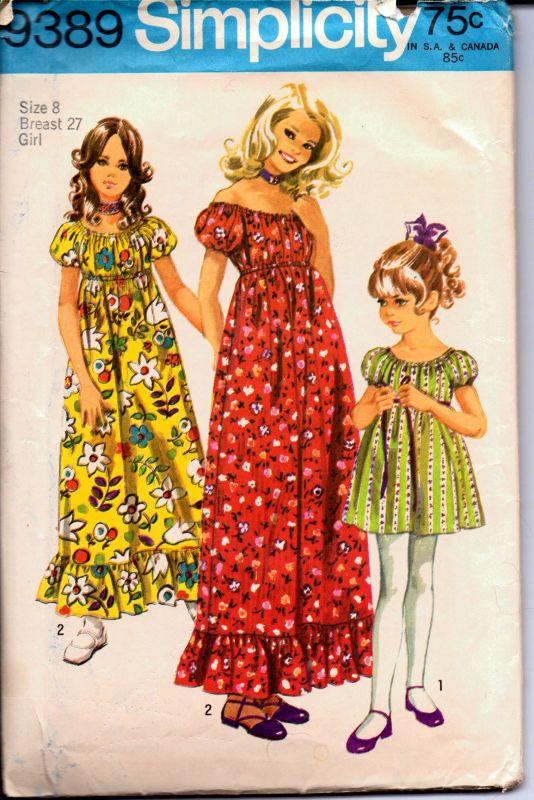 Simplicity 9389 Vintage 1970's Sewing Pattern Girls Off Shoulder Dress Long Mini Length - VintageStitching - Vintage Sewing Patterns