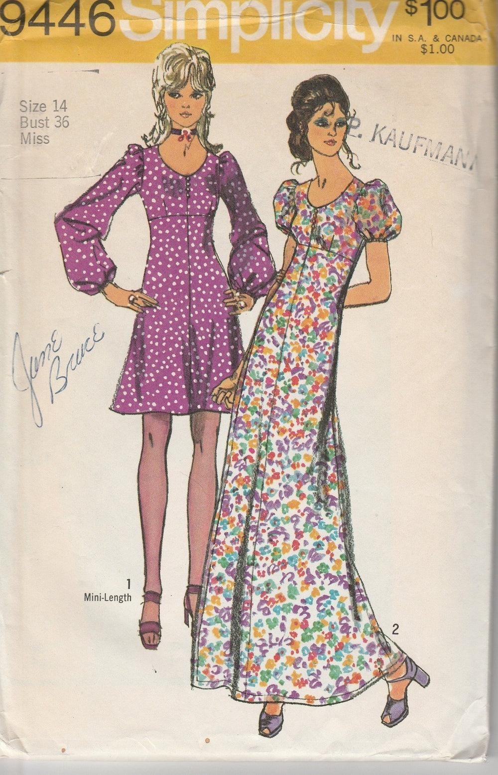 Simplicity 9446 Vintage 1970's Sewing Pattern Ladies Empire Waist Mini Dress Above Knee Long - VintageStitching - Vintage Sewing Patterns