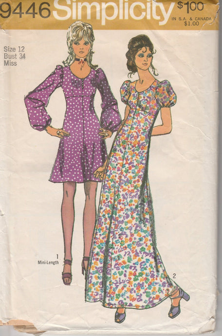 Simplicity 9446 Vintage 1970's Sewing Pattern Ladies Empire Waist Mini Dress Above Knee Long - VintageStitching - Vintage Sewing Patterns