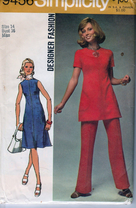 Simplicity 9456 Vintage 70's Sewing Pattern Ladies Empire Waist Dress Tunic Pants - VintageStitching - Vintage Sewing Patterns