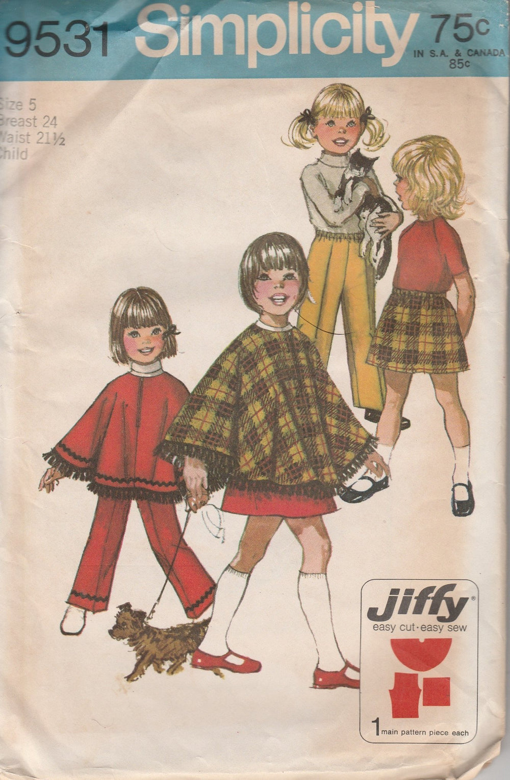 Simplicity 9531 Vintage 1960's Sewing Pattern Girls Fringe Trim Poncho Skirt Pants Jiffy - VintageStitching - Vintage Sewing Patterns