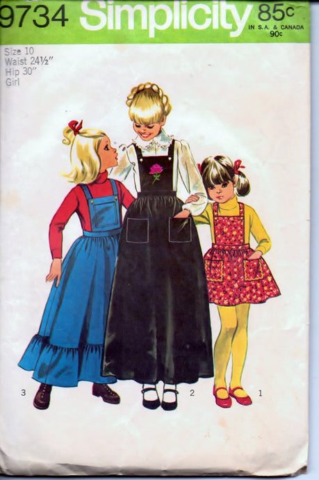 Simplicity 9734 Young Girls Bib Jumper Dress Long or Short Vintage 1970's Sewing Pattern - VintageStitching - Vintage Sewing Patterns