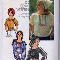 Simplicity 9827 Vintage 1970's Sewing Pattern Ladies Peasant Blouse Scarf - VintageStitching - Vintage Sewing Patterns