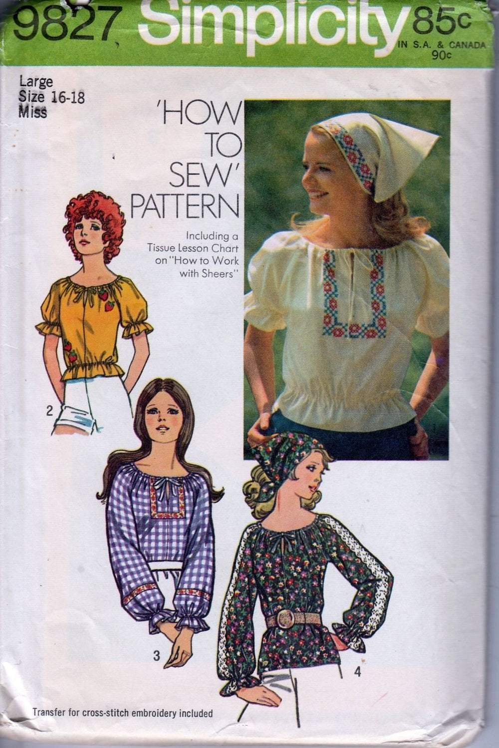 Simplicity 9827 Vintage 1970's Sewing Pattern Ladies Peasant Blouse Scarf - VintageStitching - Vintage Sewing Patterns