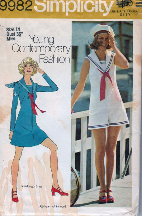 Simplicity 9982 Vintage 1970's Sewing Pattern Ladies Mini Sailor Dress Pantdress Romper - VintageStitching - Vintage Sewing Patterns