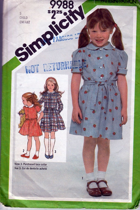 Simplicity 9988 Vintage 1980's Sewing Pattern Little Girls Dress Peter Pan Collar - VintageStitching - Vintage Sewing Patterns