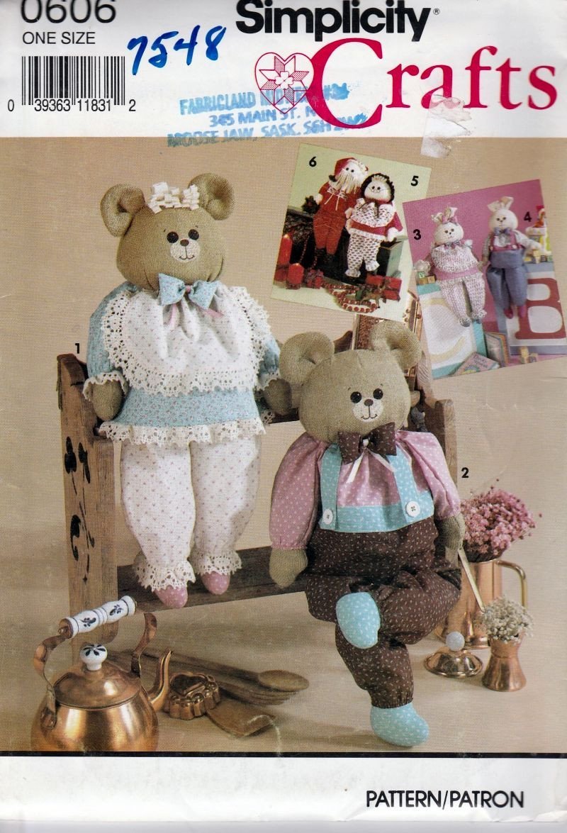 Simplicity Crafts 7548 0606 Bear Bunny Rabbit Dolls With Clothing Sewing Pattern - VintageStitching - Vintage Sewing Patterns