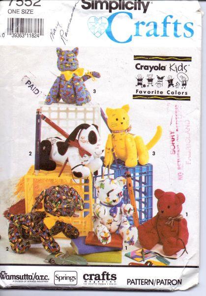 Simplicity Crafts 7552 Crayola Autograph Hound Cat Bear Sewing Pattern - VintageStitching - Vintage Sewing Patterns