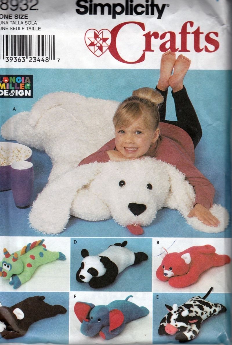 Simplicity Crafts 8932 Animal Pillow Sewing Pattern Stuffed Bear Dinosaur Elephant Cow