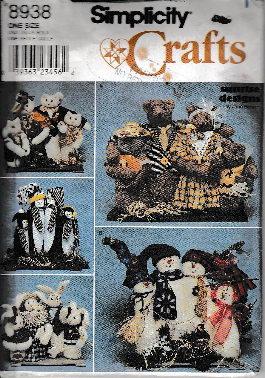 Simplicity Crafts 8938 Bear Cat Snowman Penguin Bunny Rabbit Sewing Pattern Christmas - VintageStitching - Vintage Sewing Patterns